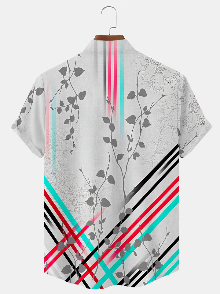 Alohadaddy Geometric Plant Leaf Button Pocket Casual Short Sleeve Shirt