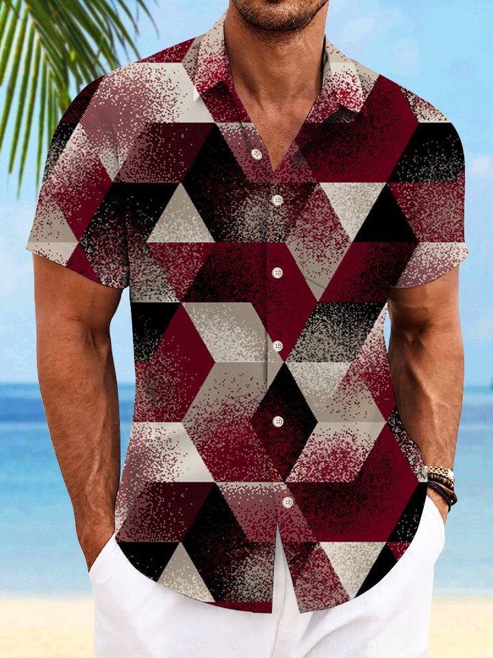 Alohadaddy Geometric Diamond Button Pocket Casual Short Sleeve Shirt