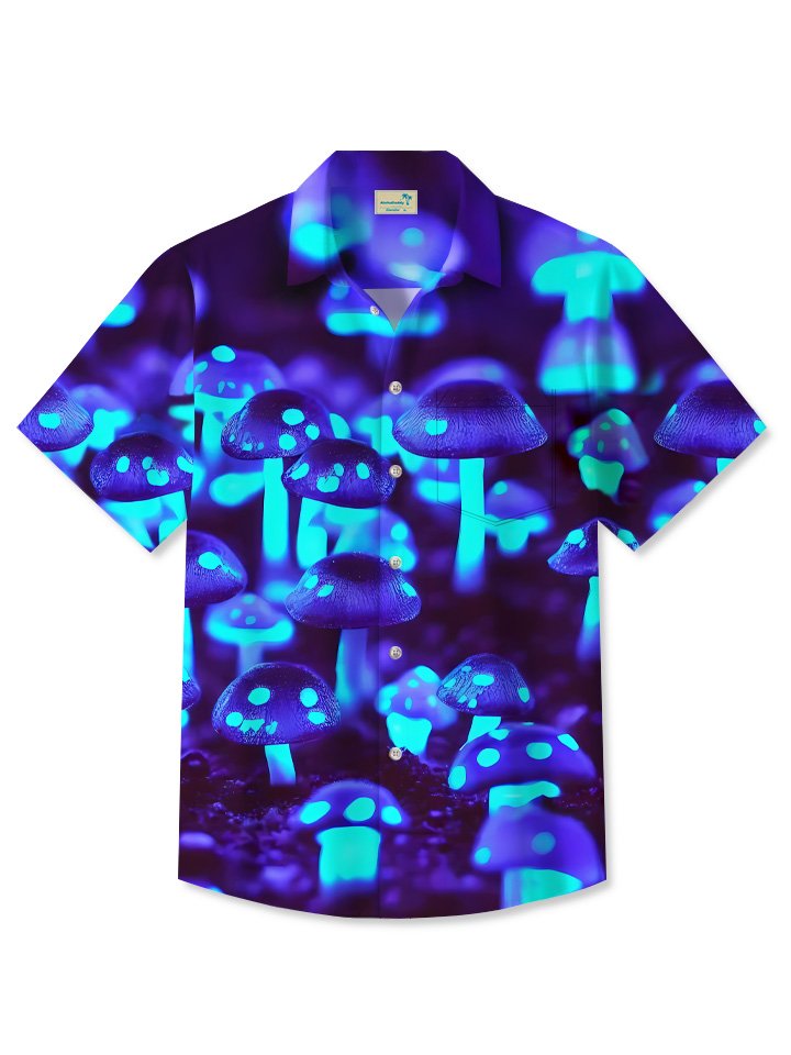 Alohadaddy Summer Plants Mushrooms 3D Three-Dimensional Fluorescent Color Beach Leisure Vacation Pocket Button Shirt