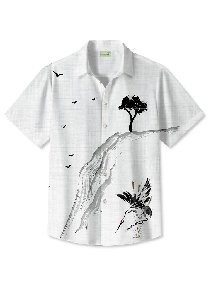 Camisa de bolos vintage para hombre de los años 50 con botones y bolsillos, diseño de plantas, grullas, árboles y tinta pintada a mano de bambú