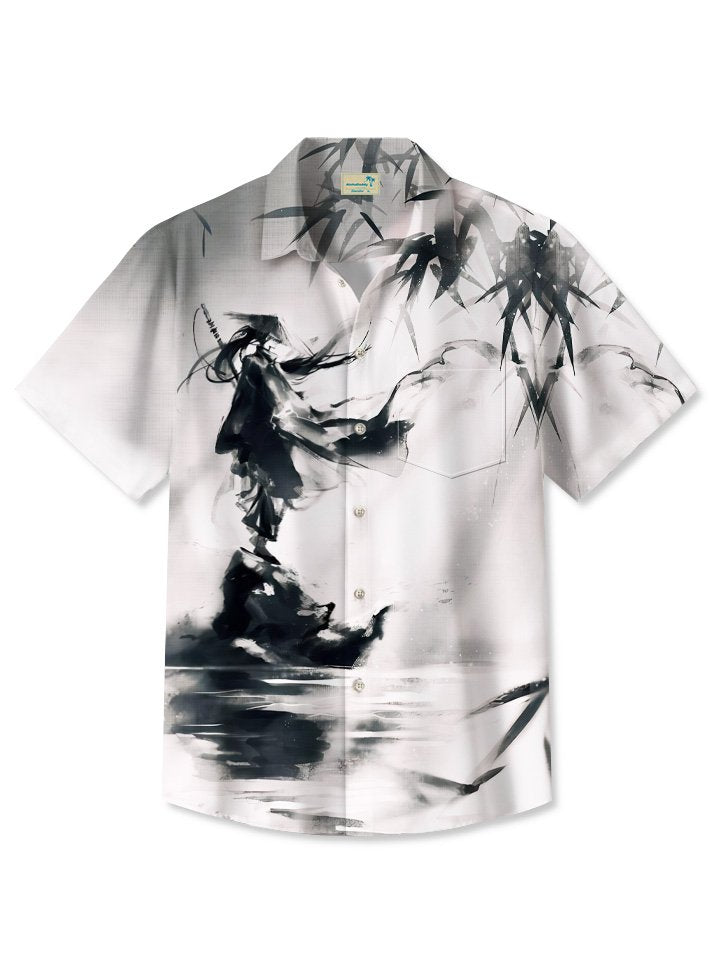 Alohadaddy Summer Ethnic Style Ink Painting Plants Bamboo Warrior Buttons Pocket Men&