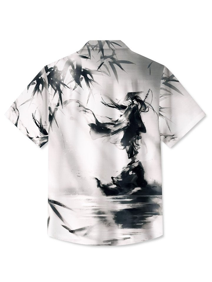 Alohadaddy Summer Ethnic Style Ink Painting Plants Bamboo Warrior Buttons Pocket Men&