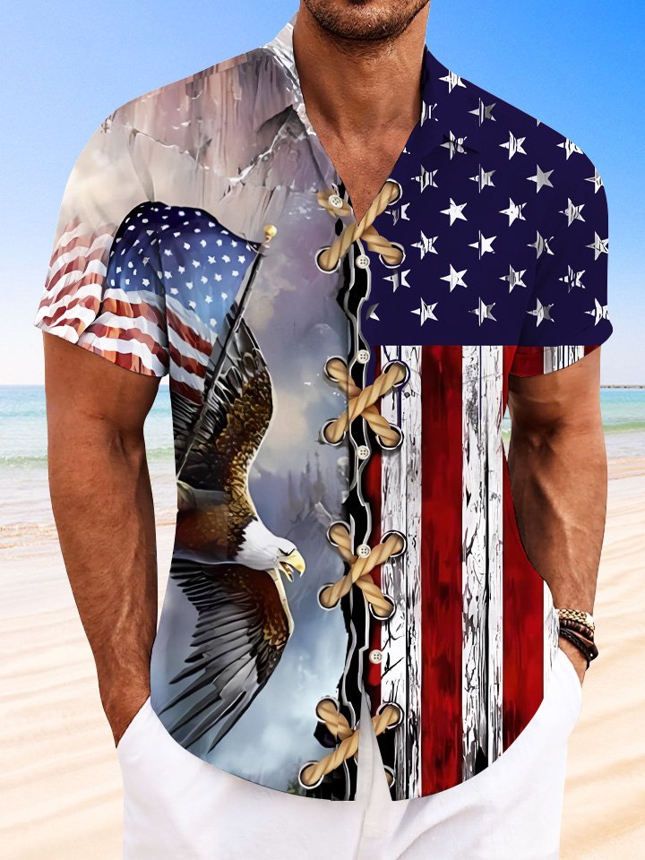 Alohadaddy Summer Independence Day Eagle Flag Button Pocket Casual Vacation Shirt