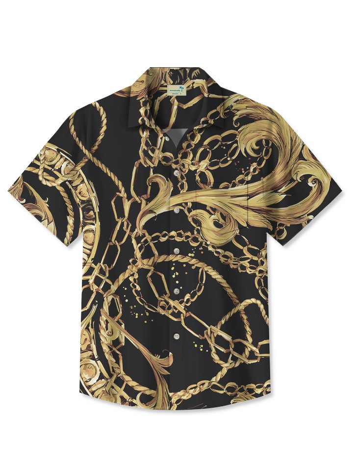 Alohadaddy Summer Metal Chain Contrast Color Men Pocket Button Casual Vacation Short Sleeve Shirt