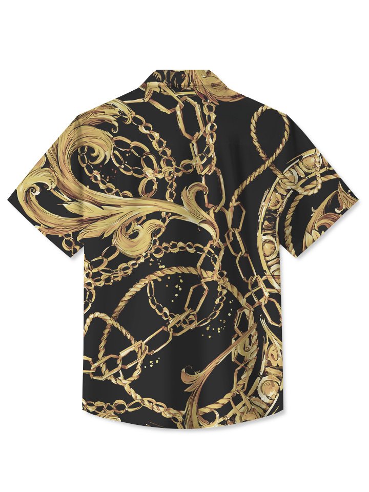 Alohadaddy Summer Metal Chain Contrast Color Men Pocket Button Casual Vacation Short Sleeve Shirt