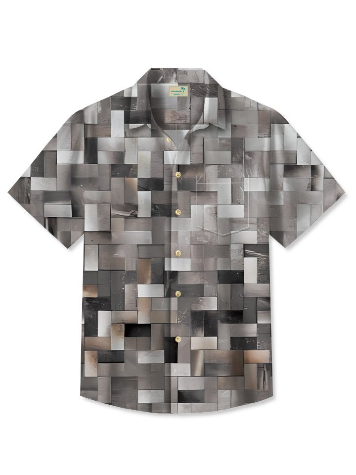 Alohadaddy Summer Geometric Lines Ethnic Pattern Retro Pocket Buttons Leisure Vacation Short Sleeve Shirt