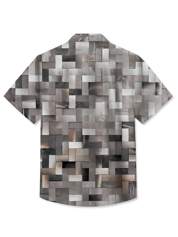 Alohadaddy Summer Geometric Lines Ethnic Pattern Retro Pocket Buttons Leisure Vacation Short Sleeve Shirt