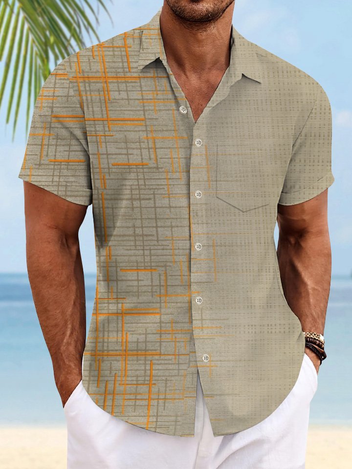Alohadaddy Summer Geometric Lines Pockets Buttons Casual Commuting 50s Vintage Bowling Shirt