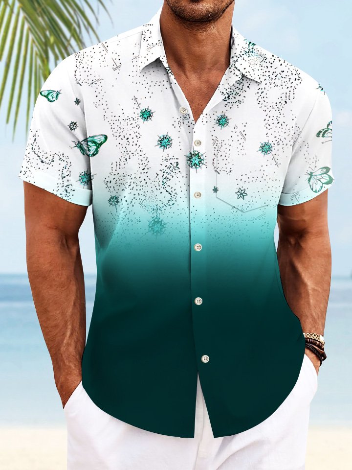 Camisa de manga corta para hombre con botones y bolsillos con diseño de flores y mariposas en degradado de verano de Alohadaddy