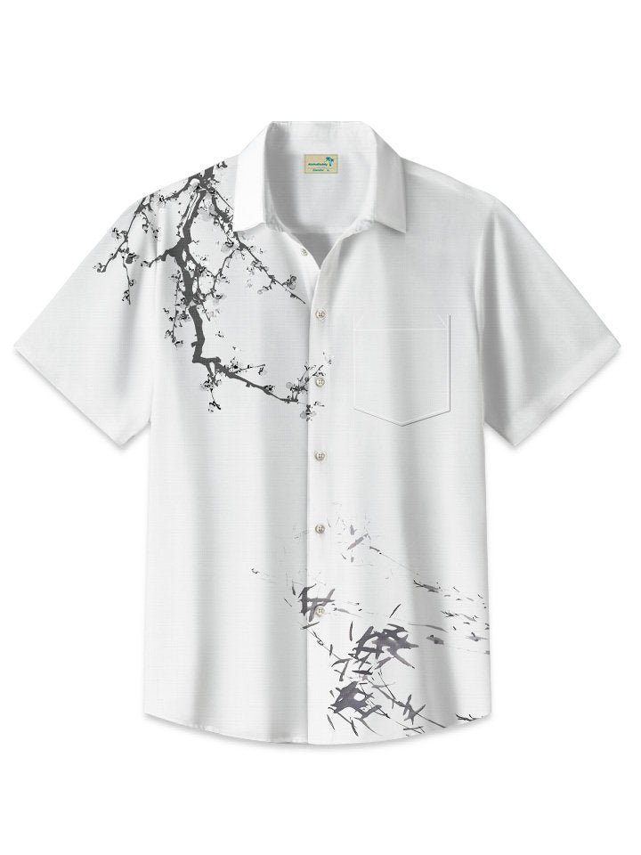 Alohadaddy Summer Plants Bamboo Peach Blossom Landscape Painting Buttons Leisure Vacation Men&