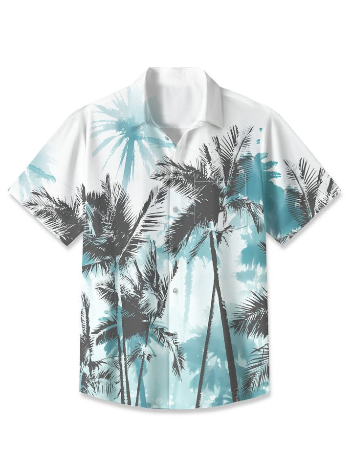 Camisa de manga corta para hombre con estampado de plantas de verano, cocoteros, bolsillos y botones de colores contrastantes, informal, para vacaciones Alohadaddy