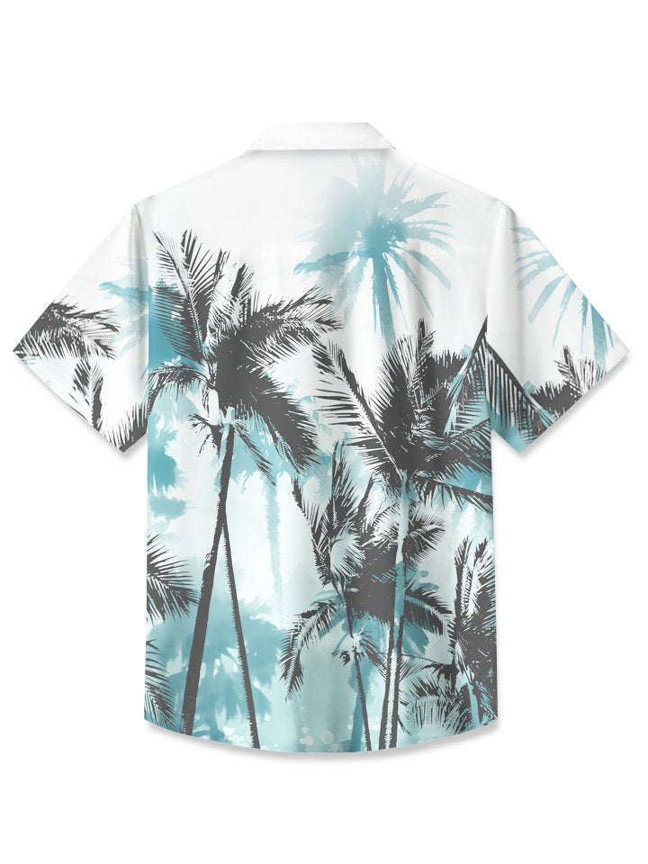 Camisa de manga corta para hombre con estampado de plantas de verano, cocoteros, bolsillos y botones de colores contrastantes, informal, para vacaciones Alohadaddy