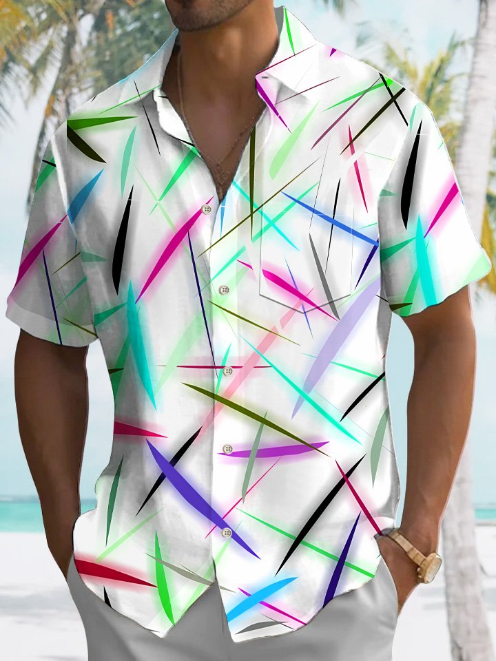Camisa de manga corta de poliéster para hombre, informal, con estampado geométrico de verano, líneas y bolsillos con botones de arcoíris, para vacaciones