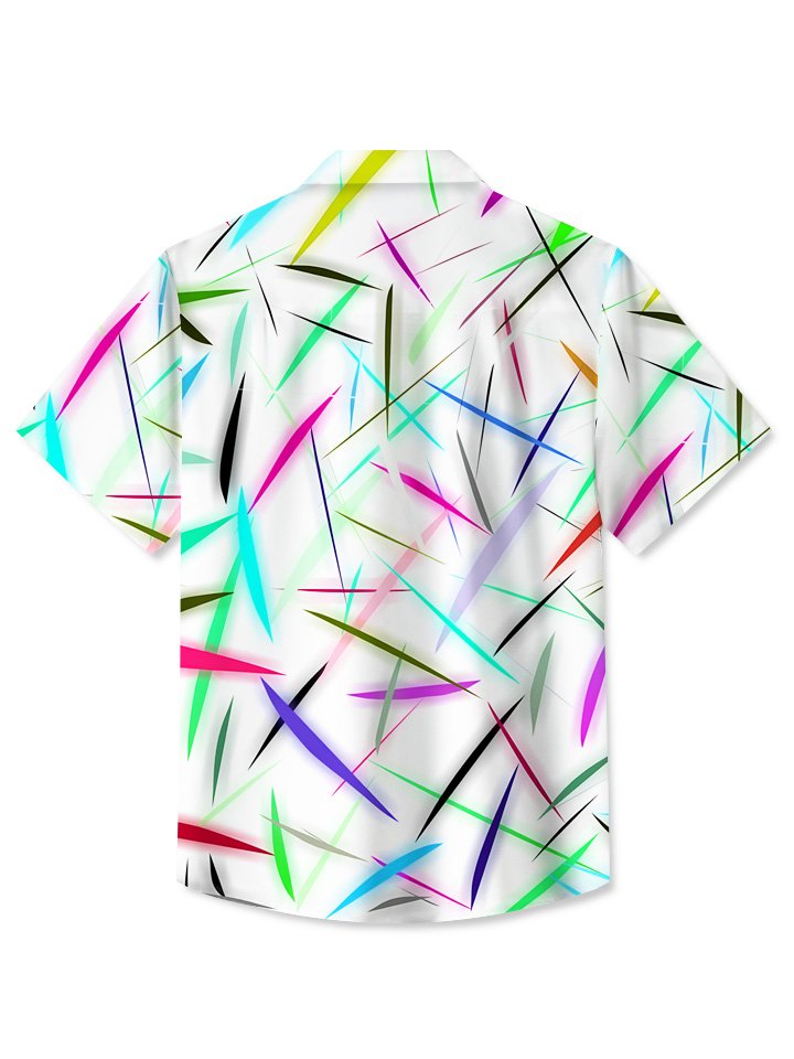 Camisa de manga corta de poliéster para hombre, informal, con estampado geométrico de verano, líneas y bolsillos con botones de arcoíris, para vacaciones