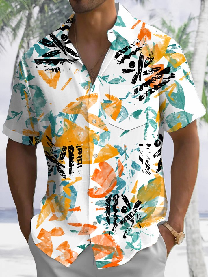 Alohadaddy Summer Flowers Leaves Art Pocket Buttons Leisure Vacation Men&