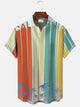 Alohadaddy Summer Letter Stripes Coconut Tree Pocket Buttons Contrast Color Casual Vacation Men's Short Sleeve Shirt