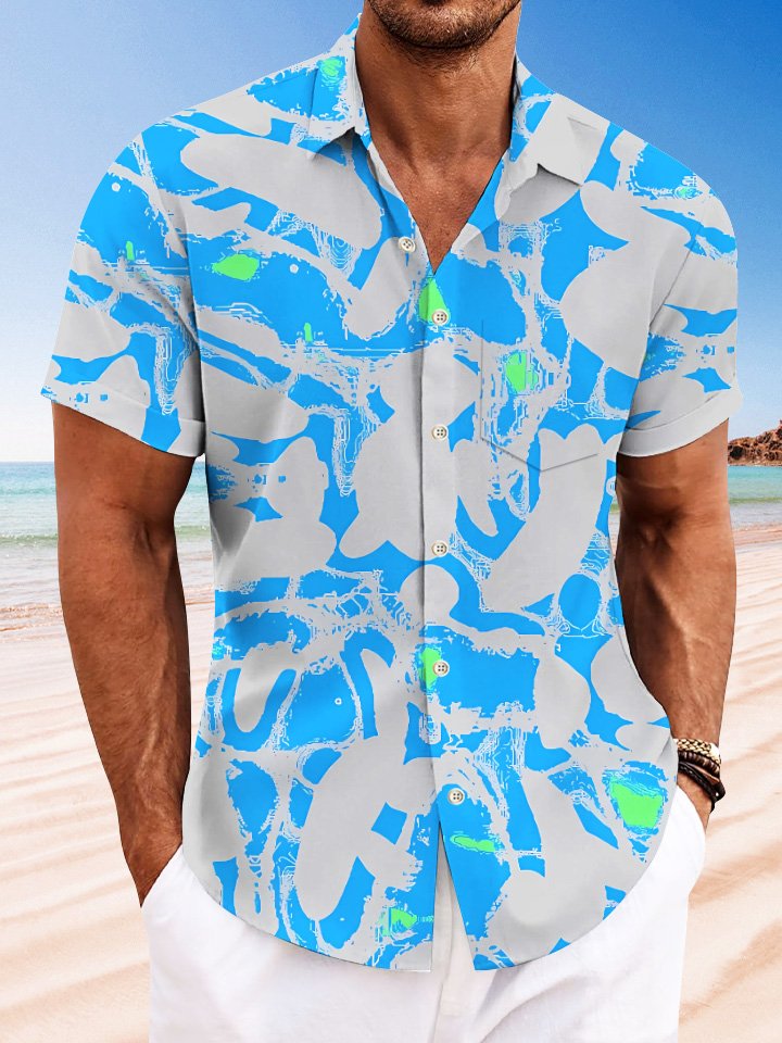 Camisa de manga corta para hombre, informal, con estampado geométrico de verano, con botones y bolsillos en contraste de color, para vacaciones Alohadaddy