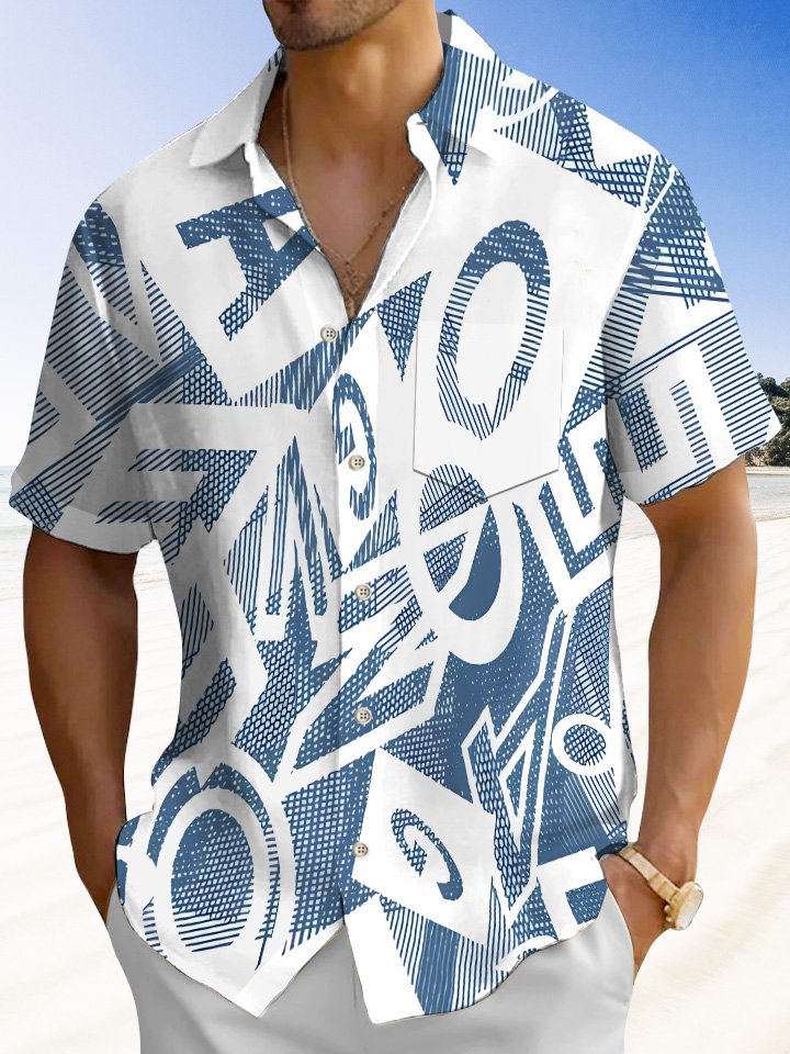 Alohadaddy Summer Geometric Letters Hollow Pockets Buttons Contrast Color Casual Vacation Men&