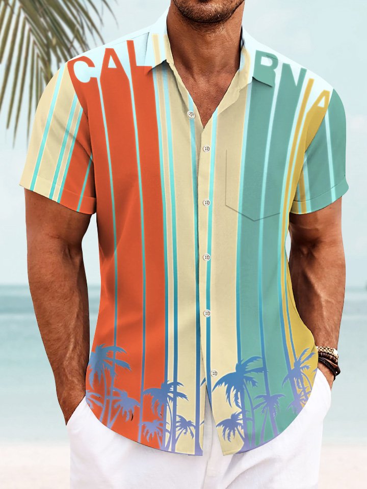 Chemise à manches courtes pour homme avec poches et boutons en forme de cocotier, motif lettres d&