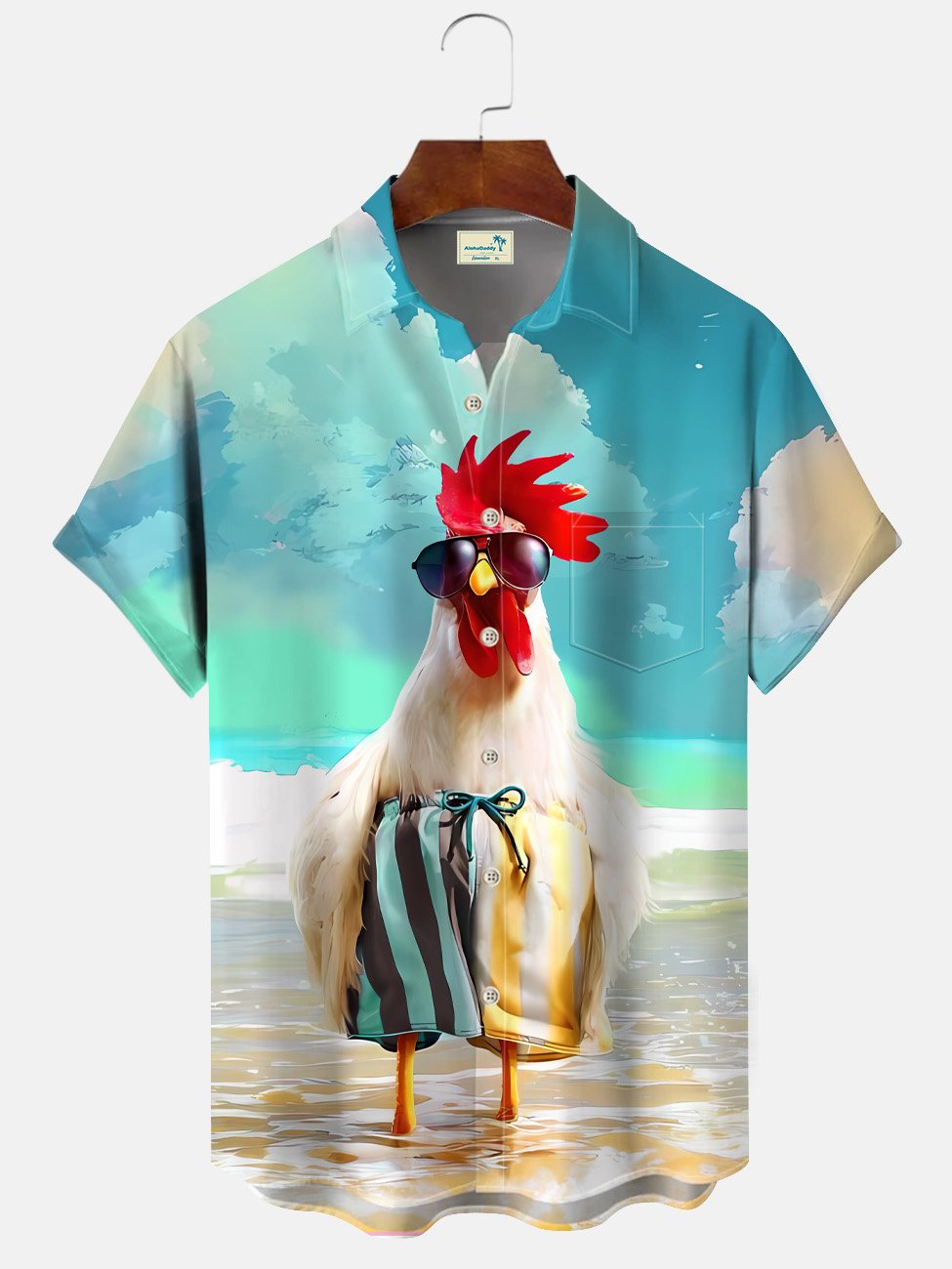 Camisa de manga corta para hombre con botones de bolsillo, arte divertido, pollo, playa, verano, Alohadaddy