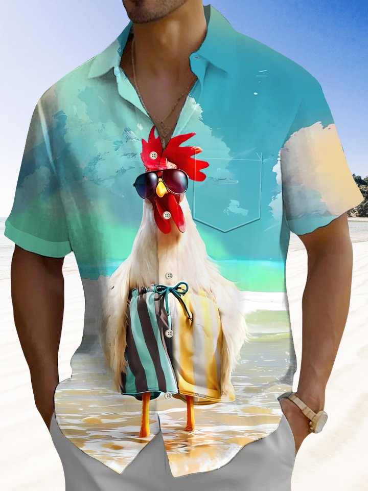 Camisa de manga corta para hombre con botones de bolsillo, arte divertido, pollo, playa, verano, Alohadaddy