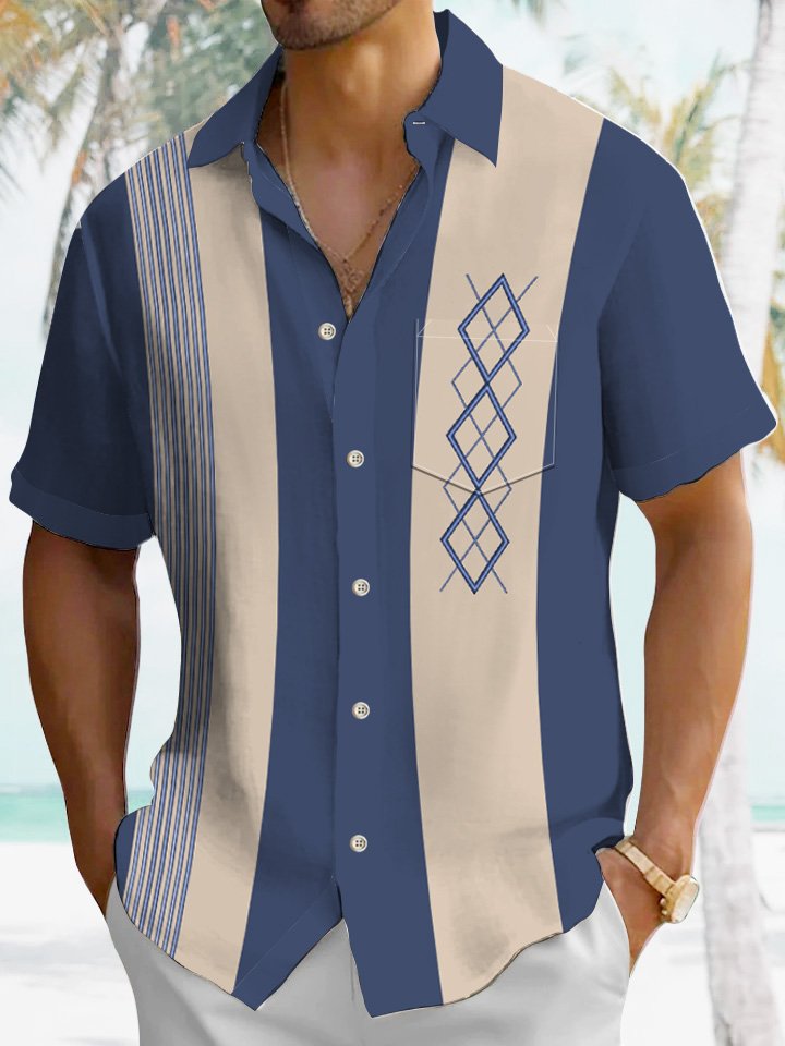 Alohadaddy Summer 3D Geometric Pattern Stripes Buttons Pockets Casual Commuter Men&