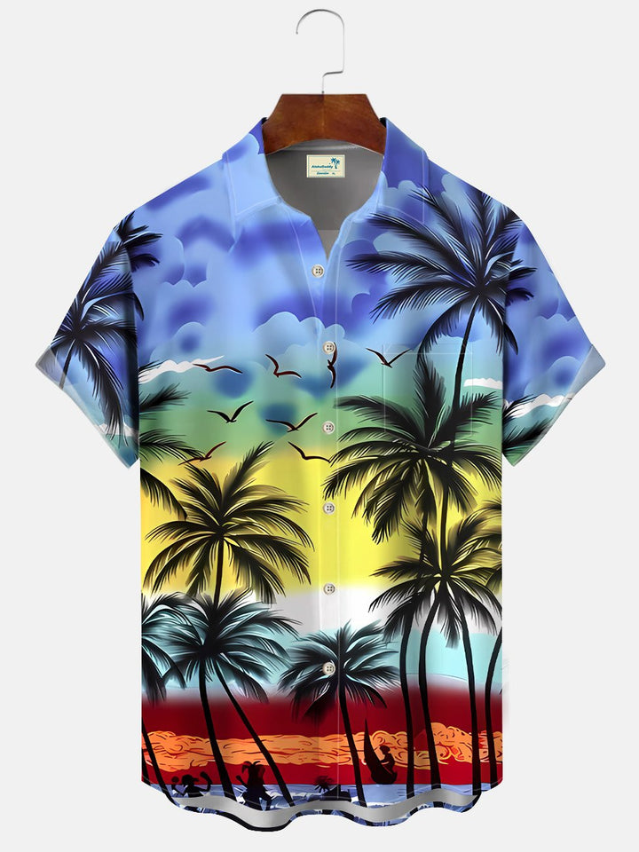Camisa de manga corta para hombre con botones, bolsillo, estilo informal, vacaciones, playa, atardecer, cocotero, Alohadaddy