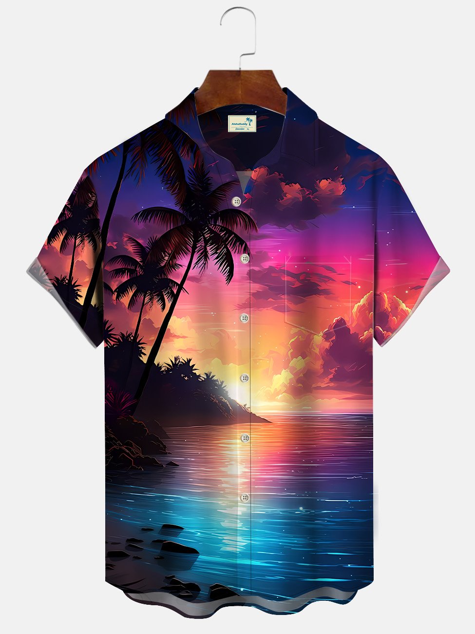 Alohadaddy Summer Sunset Ocean Beach Coconut Tree Button Pocket Leisure Vacation Men&