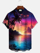 Alohadaddy Summer Sunset Ocean Beach Coconut Tree Button Pocket Leisure Vacation Men's Short Sleeve Shirt