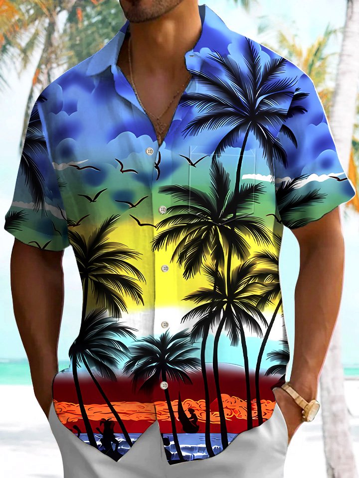 Camisa de manga corta para hombre con botones, bolsillo, estilo informal, vacaciones, playa, atardecer, cocotero, Alohadaddy