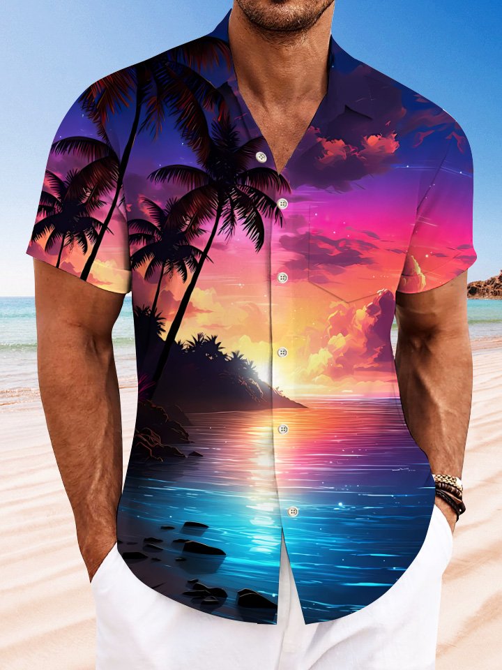 Alohadaddy Summer Sunset Ocean Beach Coconut Tree Button Pocket Leisure Vacation Men&