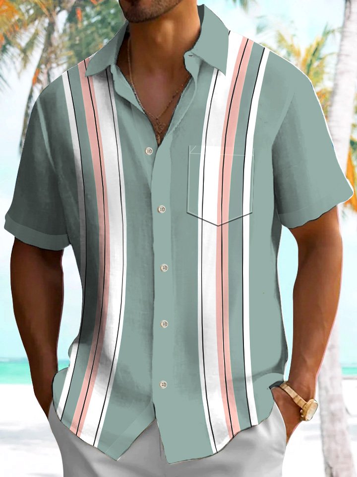 Camisa de manga corta para hombre estilo bolos de los años 50 con bolsillos y botones de colores contrastantes de Alohadaddy Summer Lines