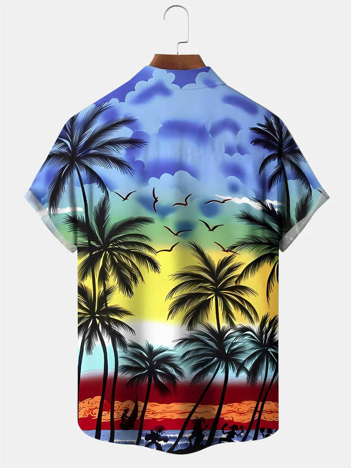 Camisa de manga corta para hombre con botones, bolsillo, estilo informal, vacaciones, playa, atardecer, cocotero, Alohadaddy