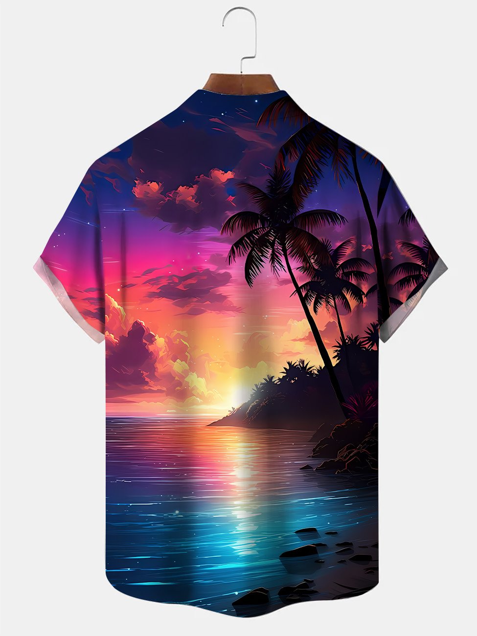 Alohadaddy Summer Sunset Ocean Beach Coconut Tree Button Pocket Leisure Vacation Men&