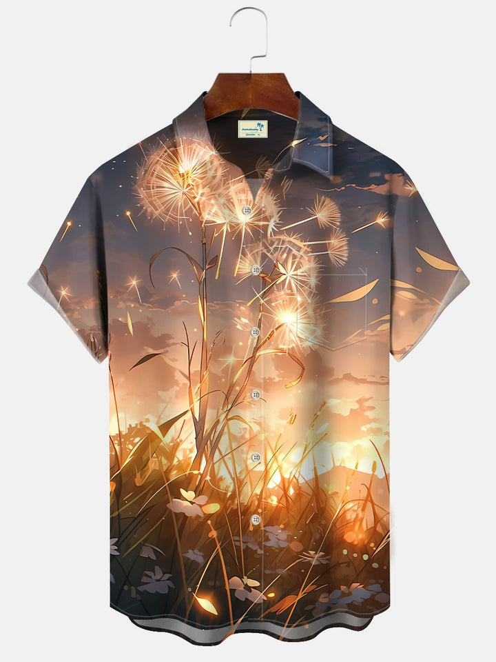 Alohadaddy Summer Sunset Plant Leaves Dandelion Pocket Button Casual Men&