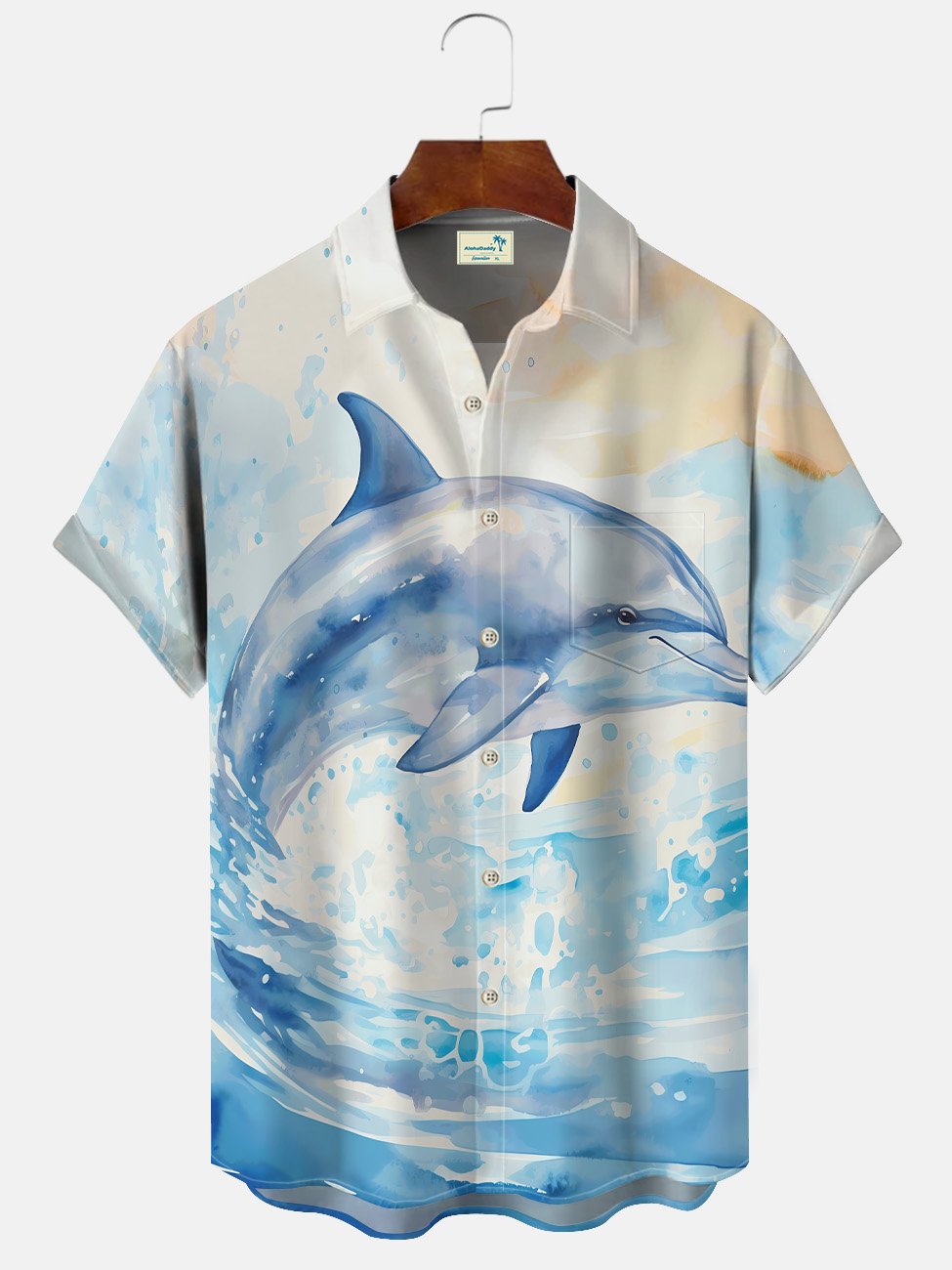 Camisa informal de manga corta de poliéster para hombre con botones y bolsillo con diseño de delfines y olas del océano de Alohadaddy Summer