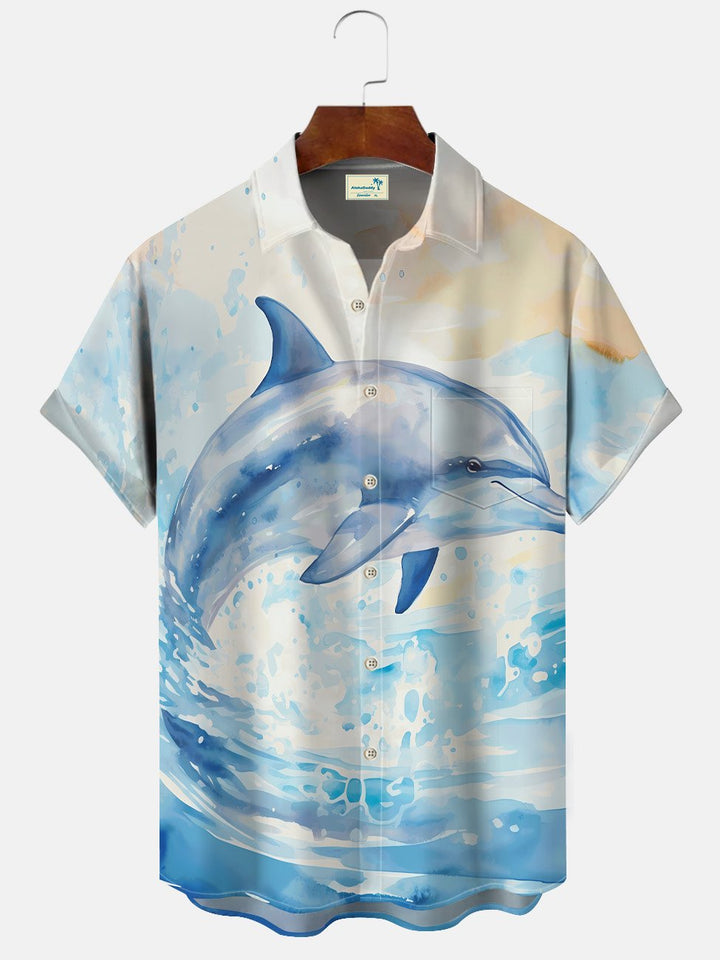 Camisa informal de manga corta de poliéster para hombre con botones y bolsillo con diseño de delfines y olas del océano de Alohadaddy Summer