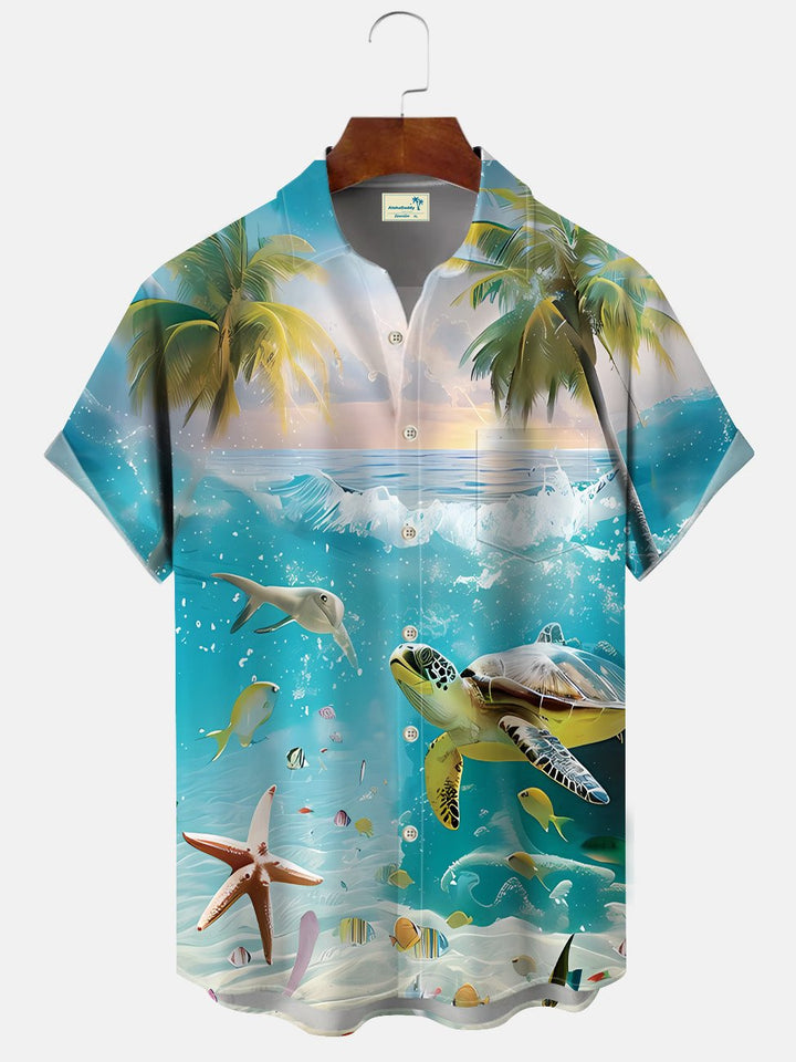 Chemise à manches courtes en polyester pour homme, décontractée, avec poche boutonnée, motif tortue et poisson, vie marine, été, Alohadaddy