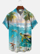 Alohadaddy Summer Marine Life Fish Turtle Pocket Button Casual Men's Polyester Short Sleeve Shirt