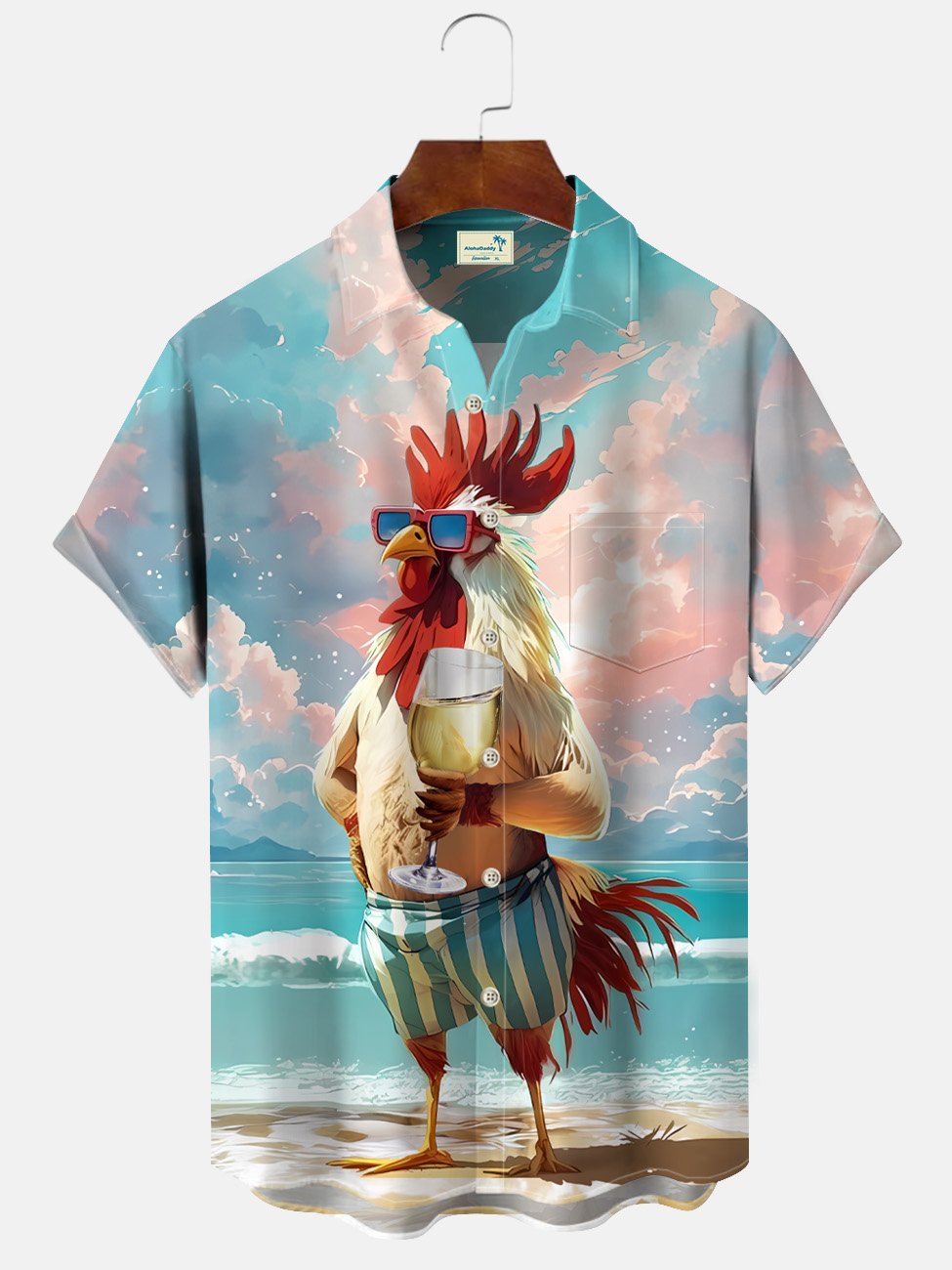 Alohadaddy Summer Beach Funny Rooster Art Pocket Buttons Casual Men&