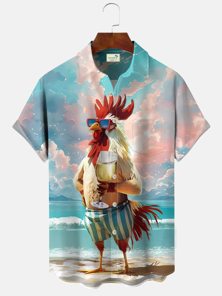 Alohadaddy Summer Beach Funny Rooster Art Pocket Buttons Casual Men&