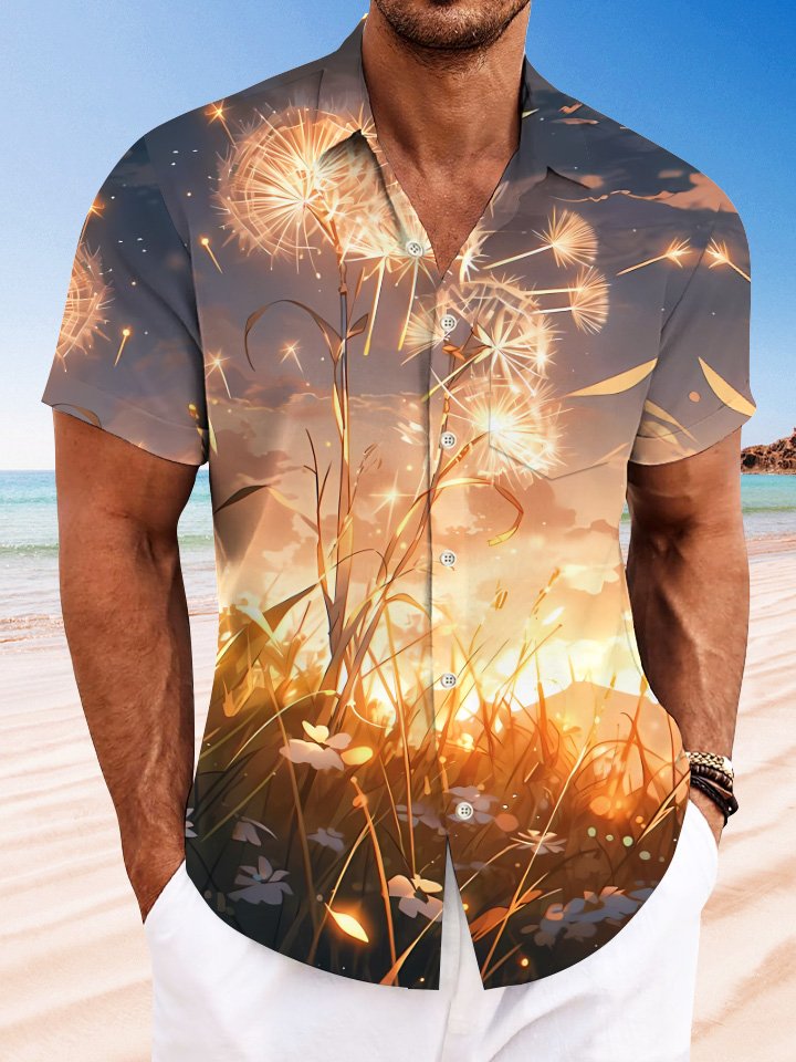 Alohadaddy Summer Sunset Plant Leaves Dandelion Pocket Button Casual Men&