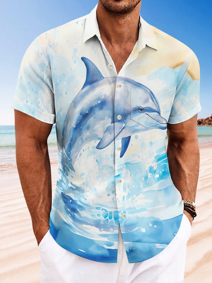 Camisa informal de manga corta de poliéster para hombre con botones y bolsillo con diseño de delfines y olas del océano de Alohadaddy Summer