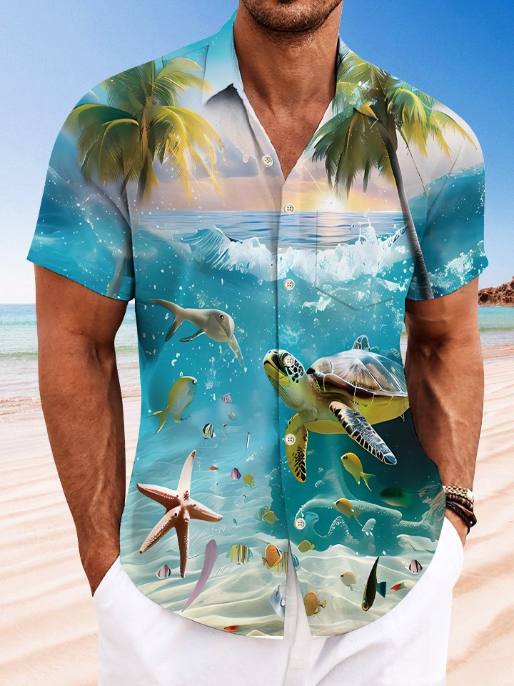 Chemise à manches courtes en polyester pour homme, décontractée, avec poche boutonnée, motif tortue et poisson, vie marine, été, Alohadaddy