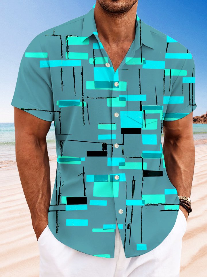 Alohadaddy Summer Lines Geometric Pattern Pocket Buttons Casual Men&
