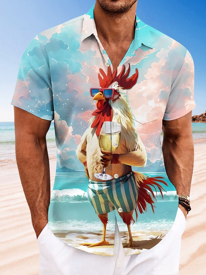 Alohadaddy Summer Beach Funny Rooster Art Pocket Buttons Casual Men&