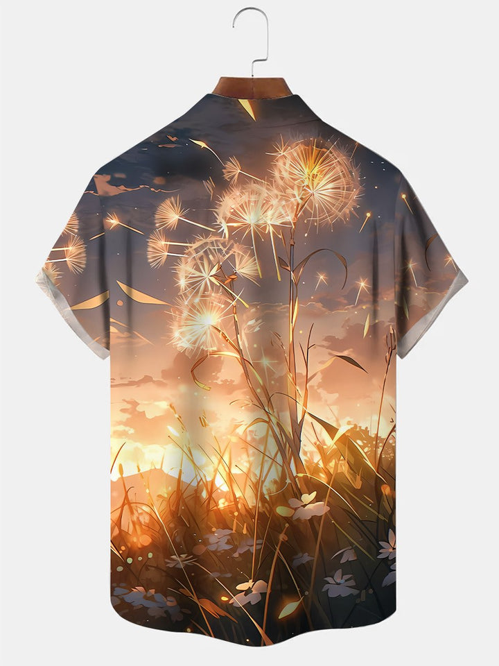 Alohadaddy Summer Sunset Plant Leaves Dandelion Pocket Button Casual Men&