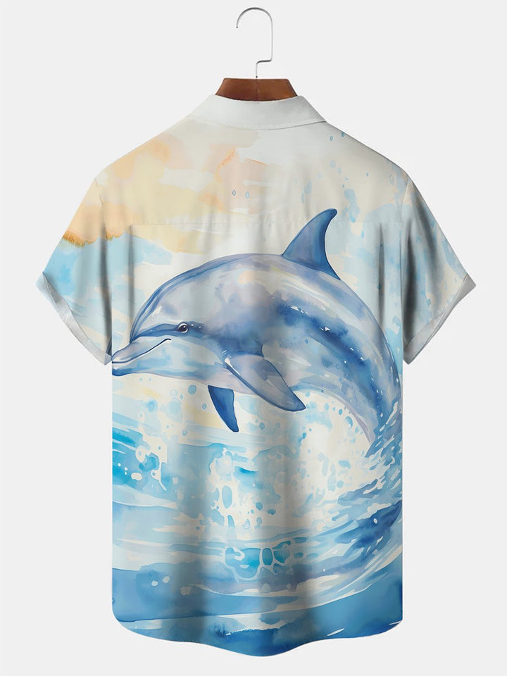 Camisa informal de manga corta de poliéster para hombre con botones y bolsillo con diseño de delfines y olas del océano de Alohadaddy Summer