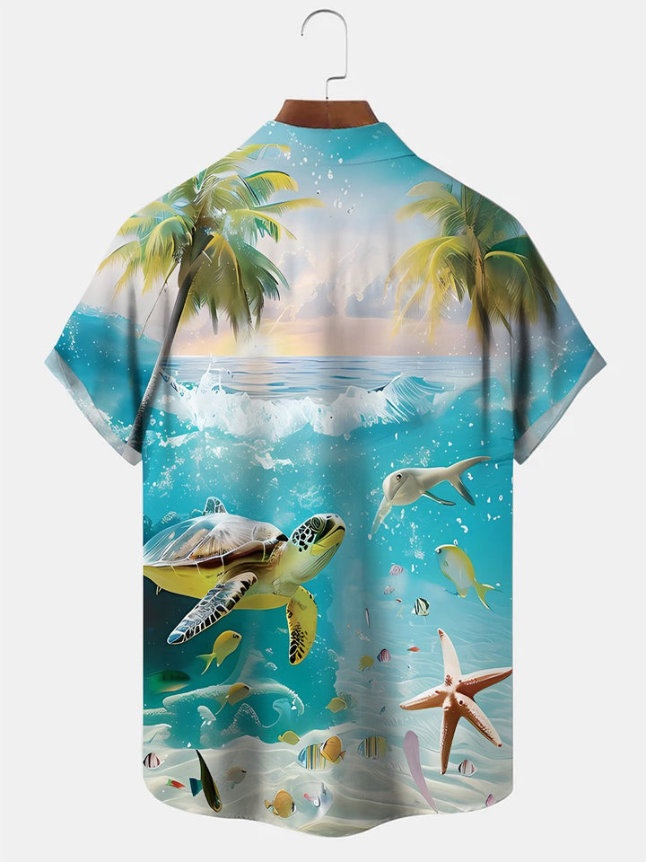 Chemise à manches courtes en polyester pour homme, décontractée, avec poche boutonnée, motif tortue et poisson, vie marine, été, Alohadaddy