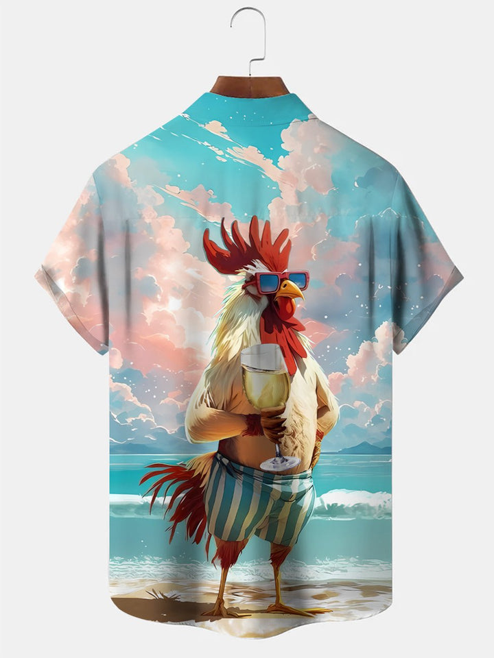 Alohadaddy Summer Beach Funny Rooster Art Pocket Buttons Casual Men&